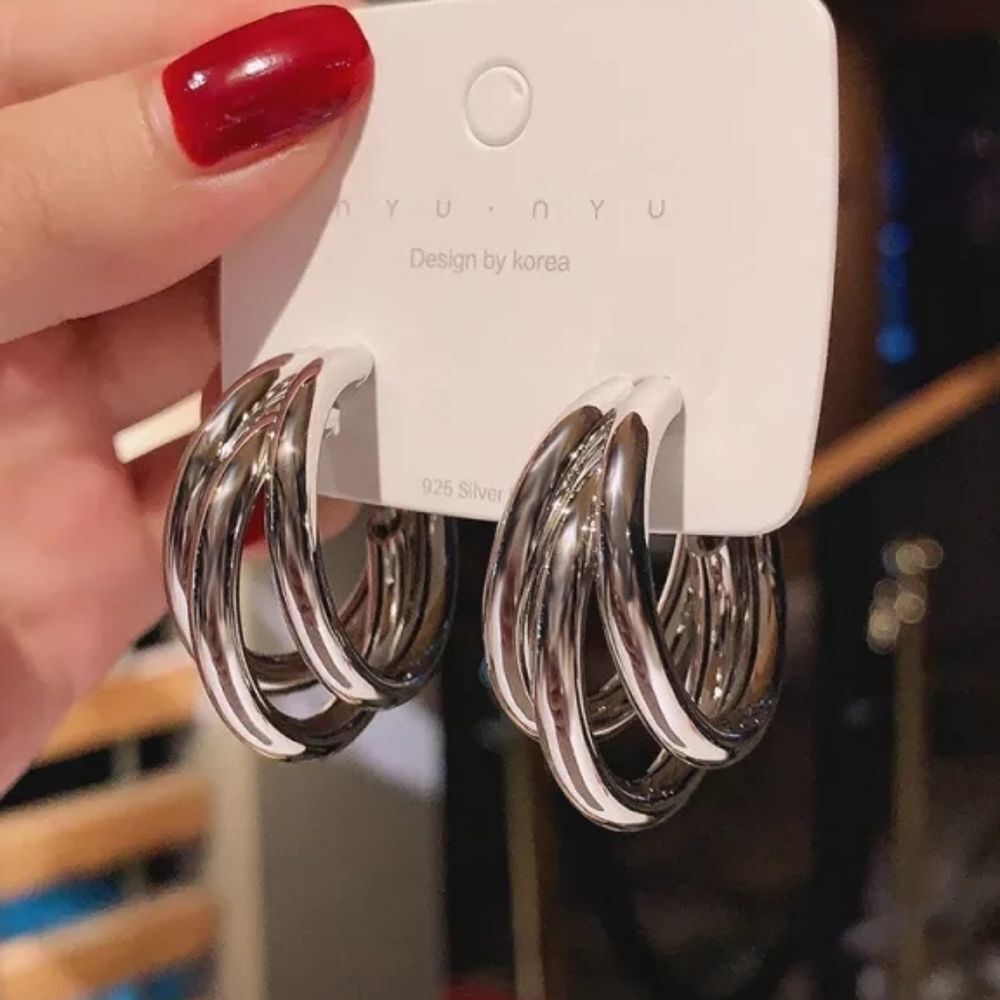5/$25 Silver Color Triple Hoop Statement Earrings - Picture 1 of 8